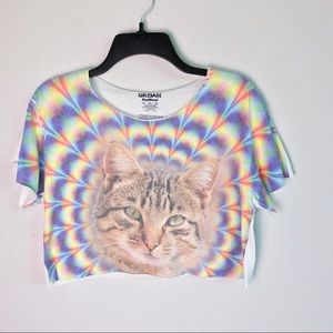 Tops - Trippy Cat Graphic Crop Top Tee S Tops - Trippy Cat Graphic Crop Top Tee S